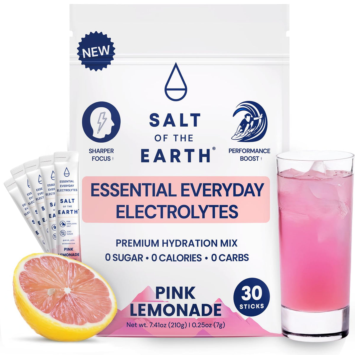 Salt of the Earth pink lemonade electrolyte packet for on-the-go hydration.