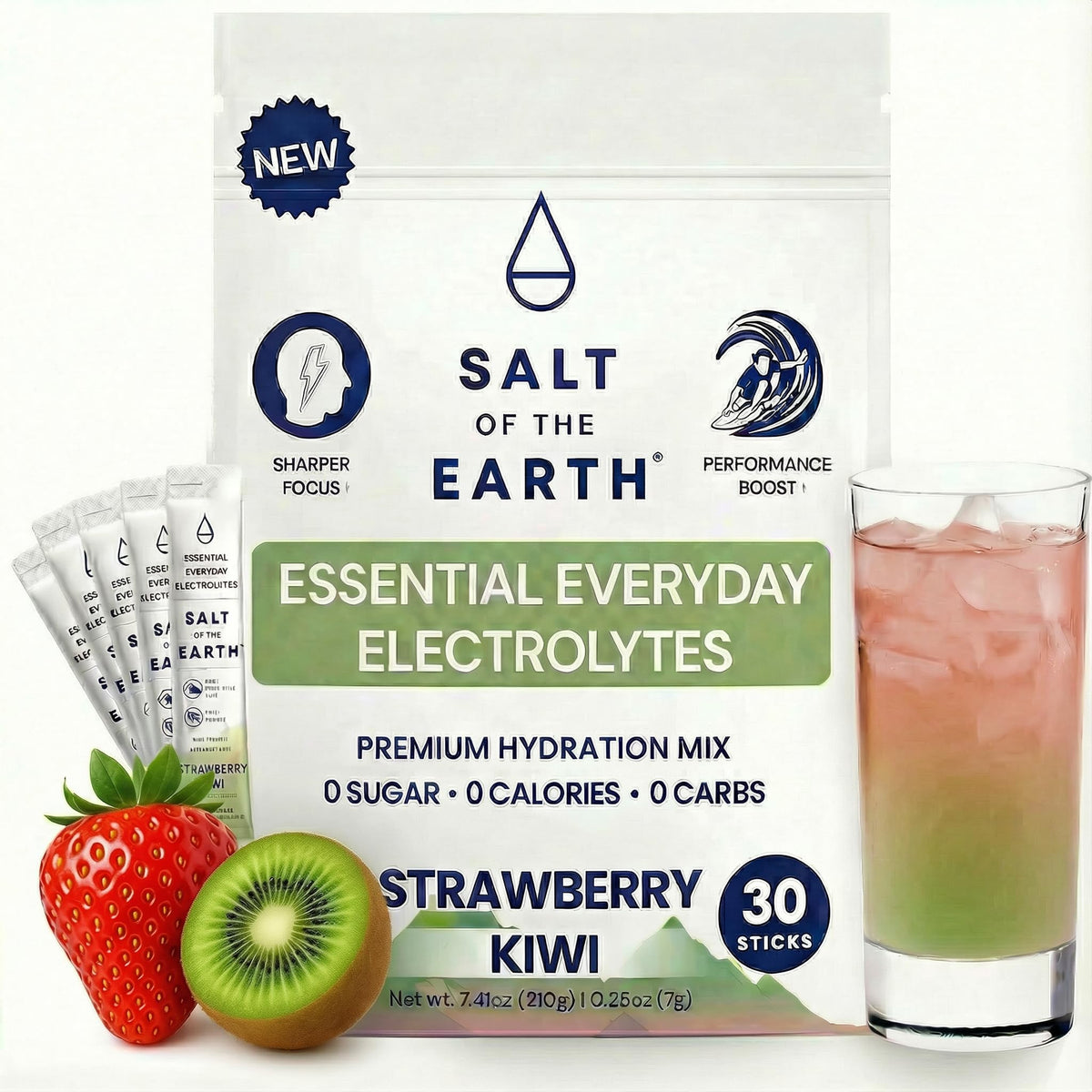 Salt of the Earth Strawberry Kiwi electrolyte sticks for keto-friendly hydration and on-the-go flavor.