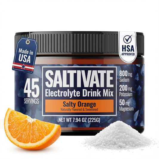 Saltivate High Sodium Electrolytes orange bottle pour after exertion for quick hydration