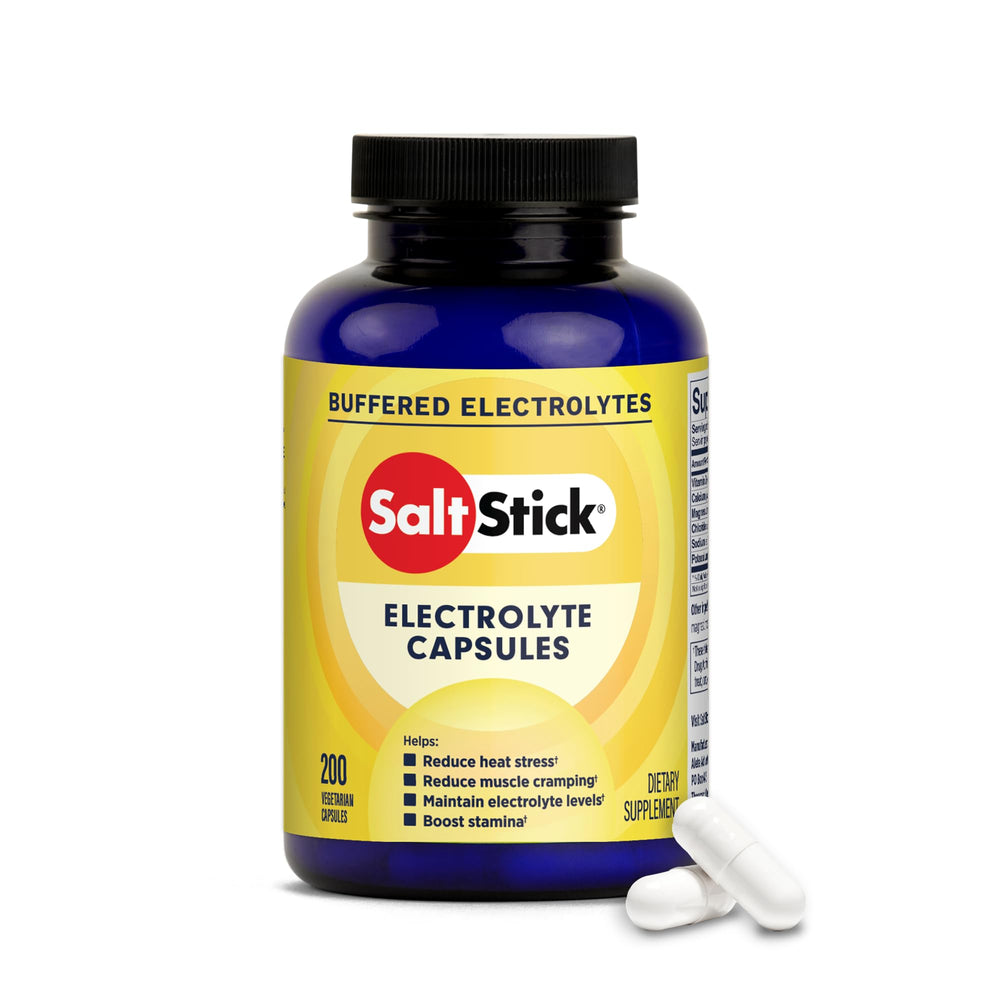 SaltStick electrolyte capsules bottle closeup for fast on-the-go hydration.