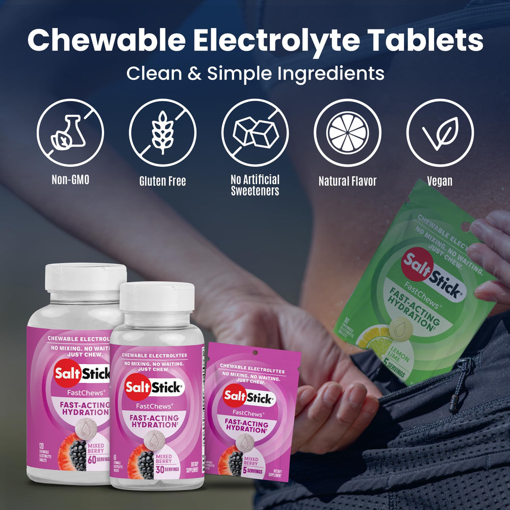 SaltStick FastChews 120-count packaging shown for convenient on-the-go hydration.