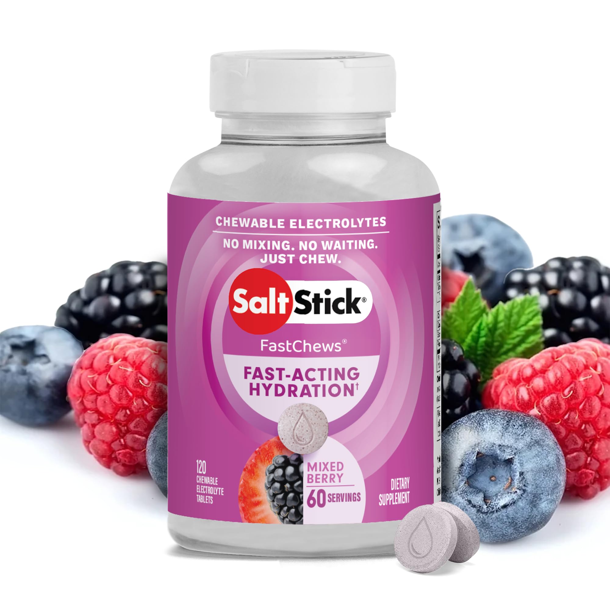SaltStick FastChews mixed berry tablets for quick hydration during workouts.