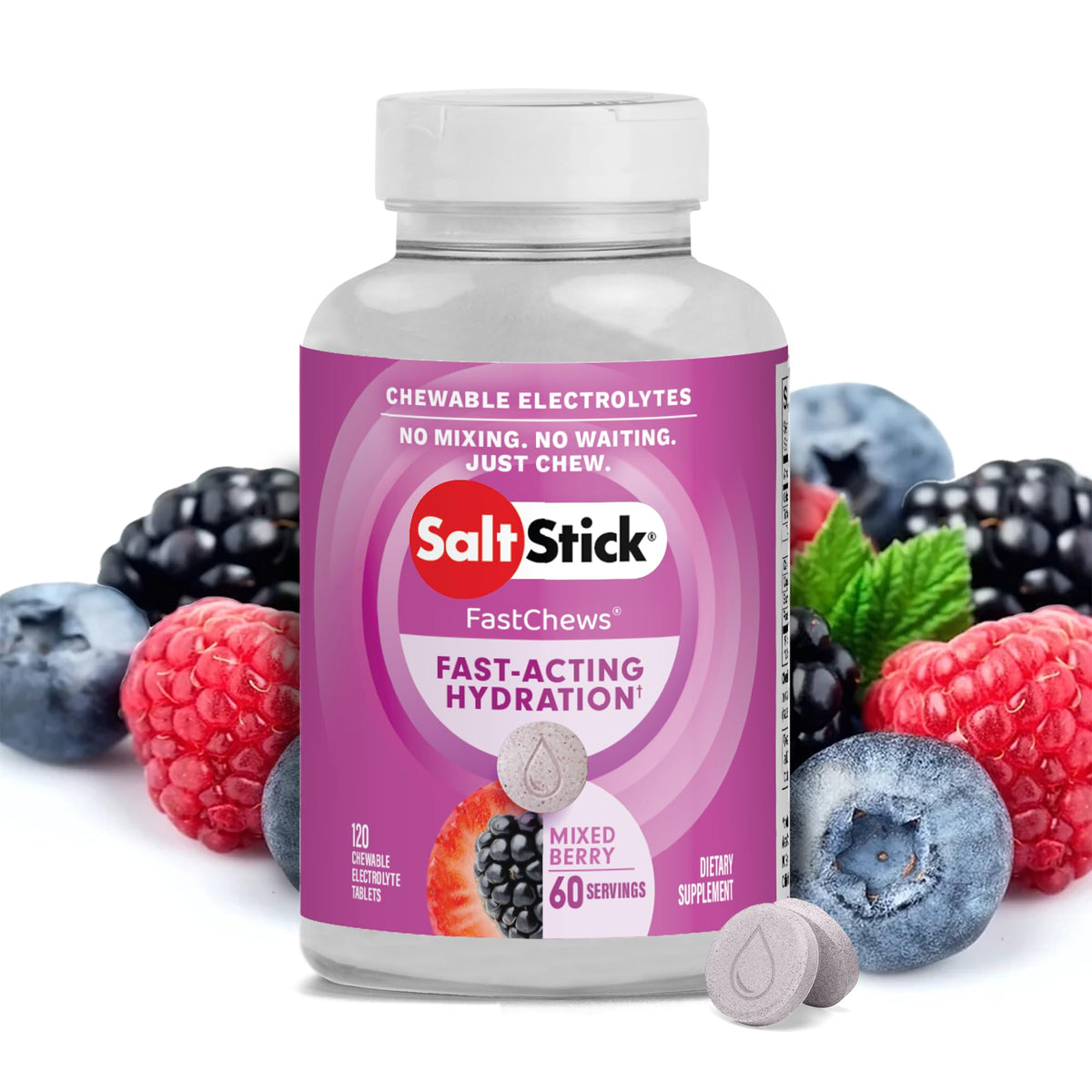 SaltStick FastChews mixed berry tablets for quick hydration during workouts.