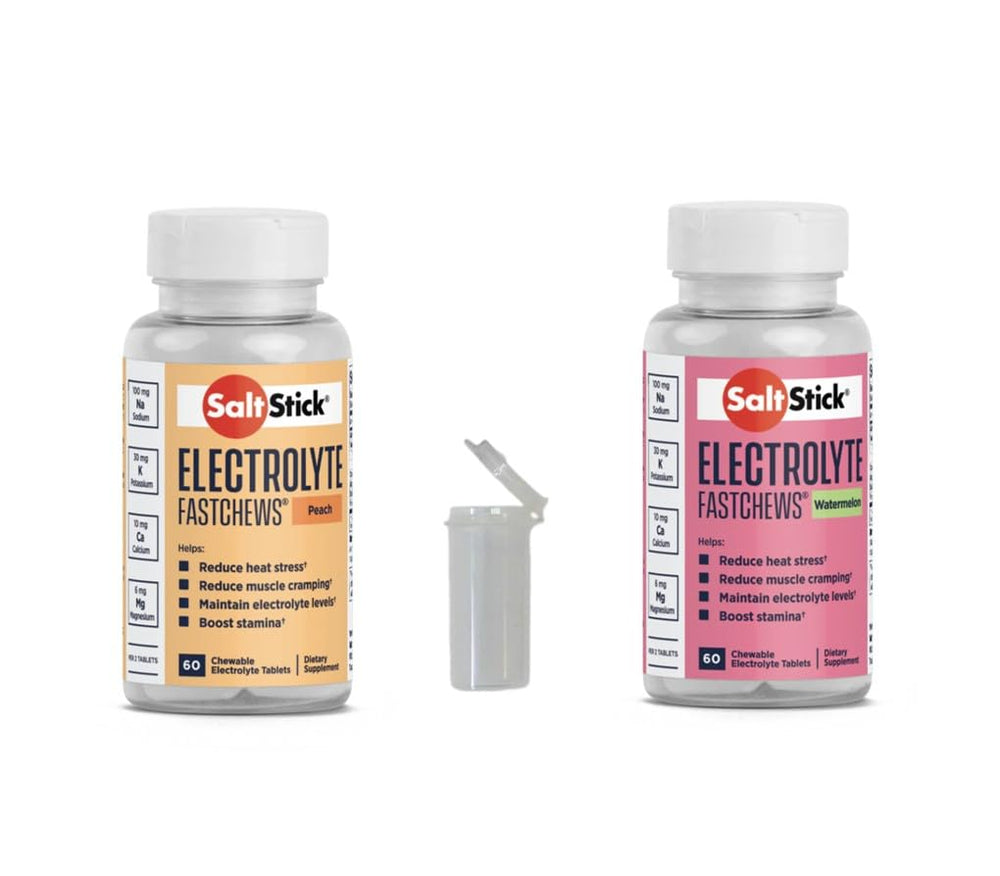 SaltStick FastChews Peach bottle for quick electrolyte support during exercise.
