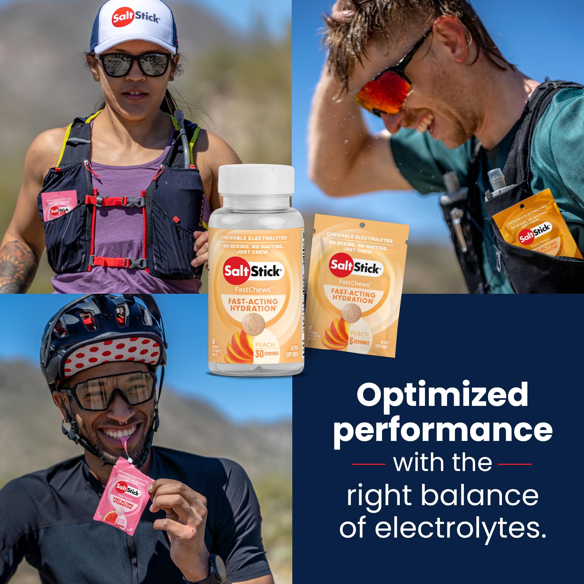 SaltStick peach ingredients icons emphasize non-GMO vegan gluten-free formula.