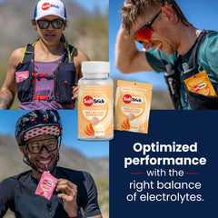 SaltStick peach ingredients icons emphasize non-GMO vegan gluten-free formula.