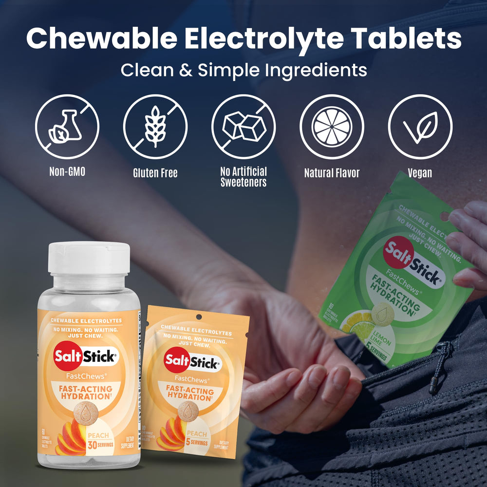 SaltStick FastChews peach tablets dissolving to release flavor during activity.
