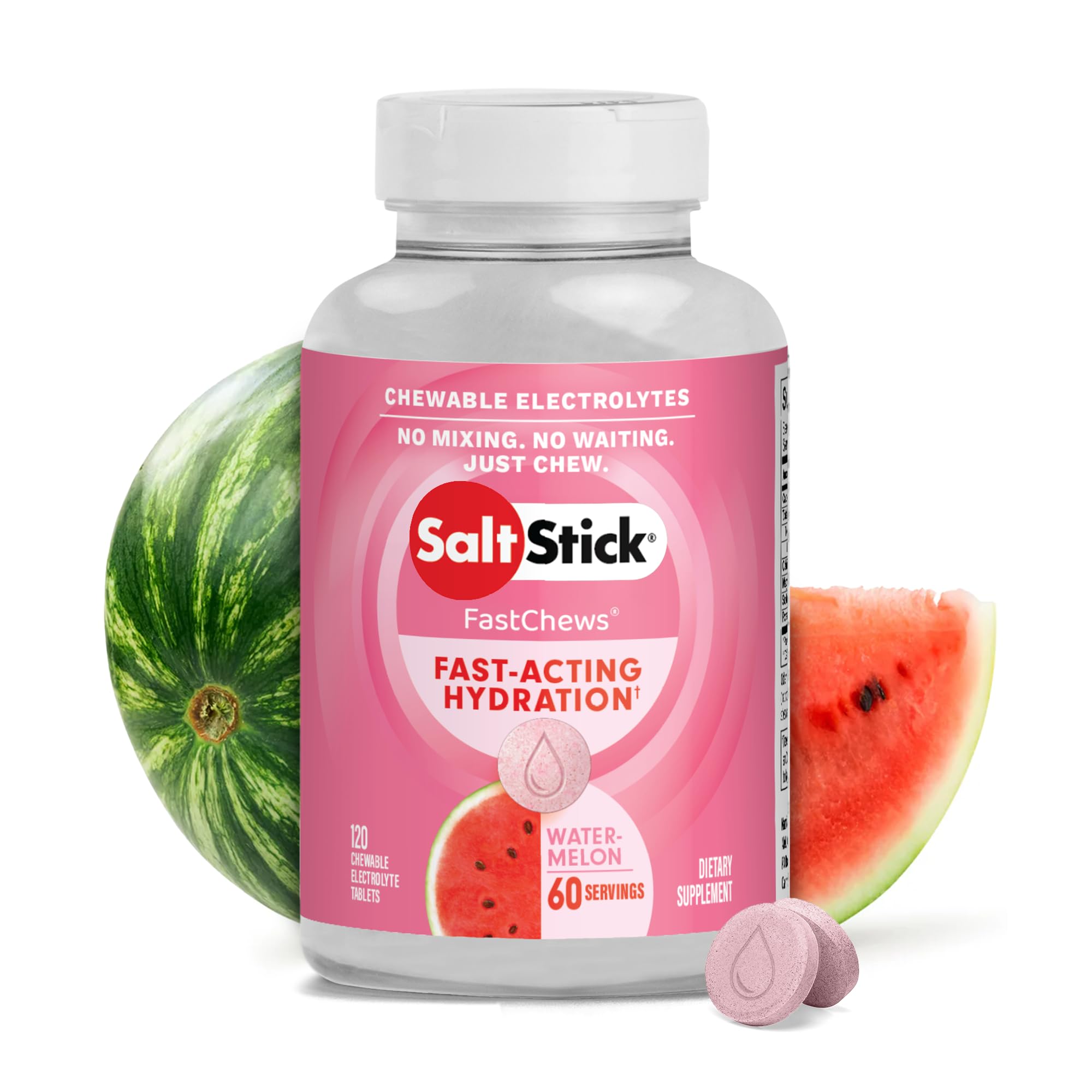 SaltStick Electrolyte FastChews Watermelon bottle showing fast-absorption electrolyte formula for athletes.