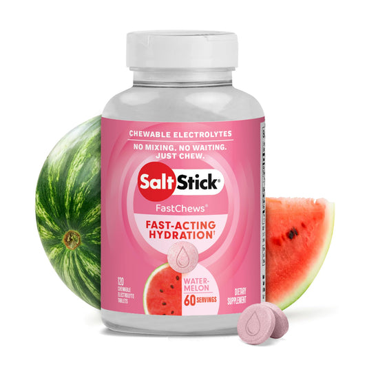 SaltStick Electrolyte FastChews Watermelon bottle showing fast-absorption electrolyte formula for athletes.