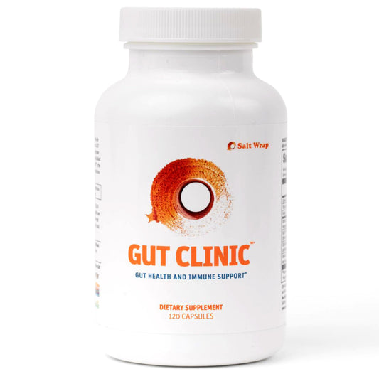 SaltWrap Gut Clinic bottle front showing postbiotics for gut health support