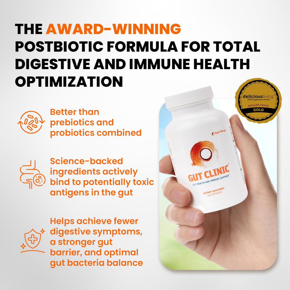 SaltWrap Gut Clinic packaging highlighting bloating relief and science-backed postbiotics