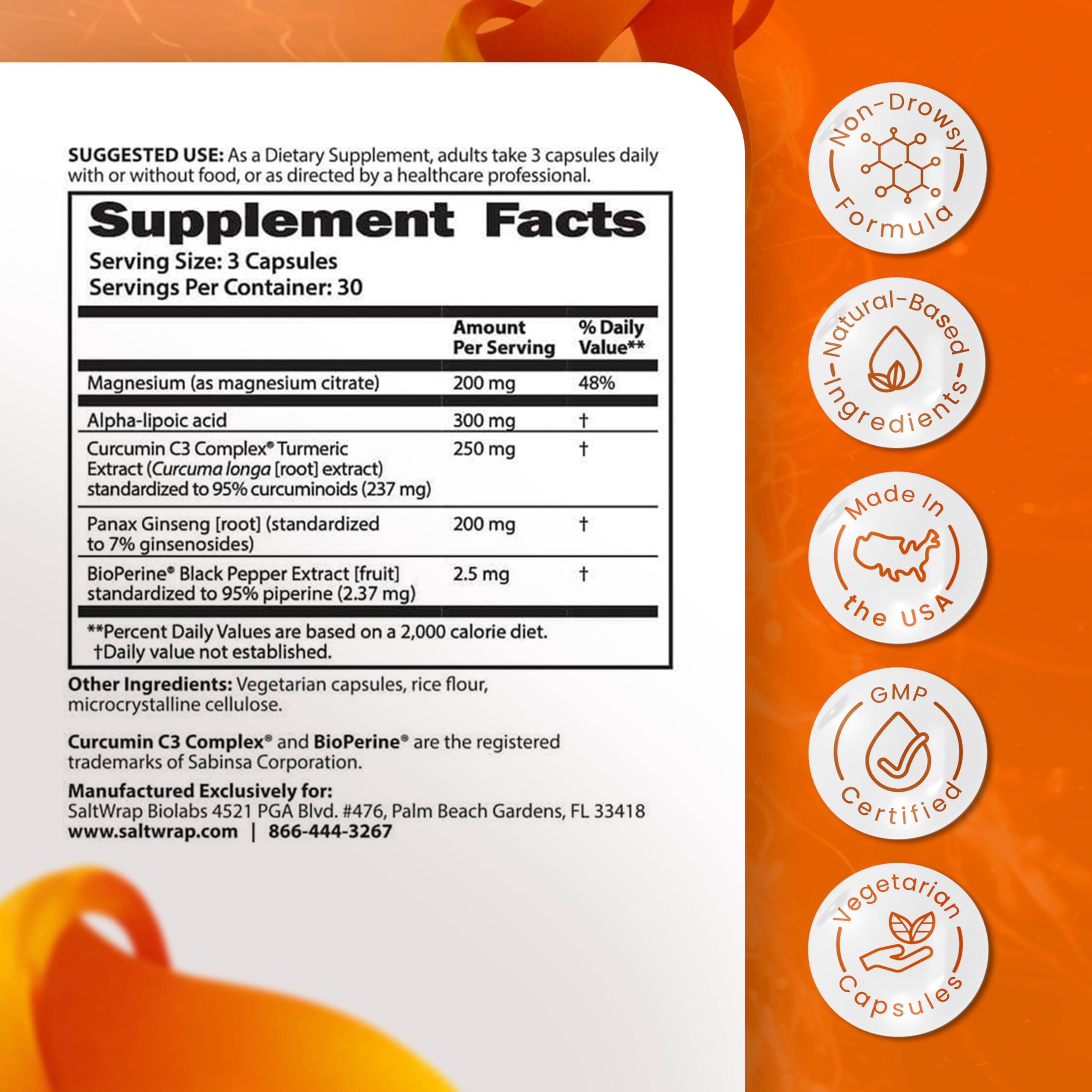 SaltWrap Mag 3D capsules close-up showing easy-to-swallow daytime formula