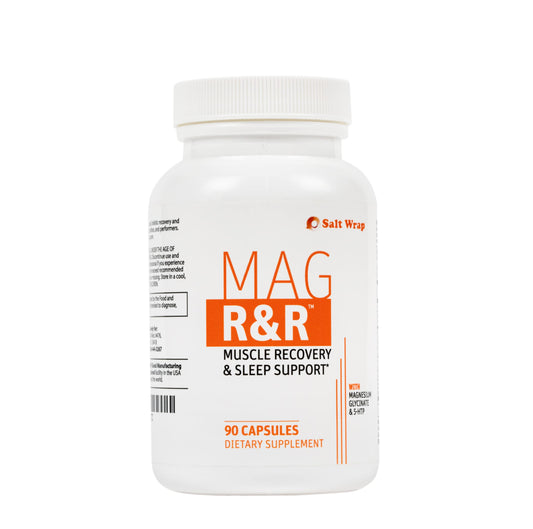 SaltWrap Mag R&R bottle with capsules for nighttime muscle support.