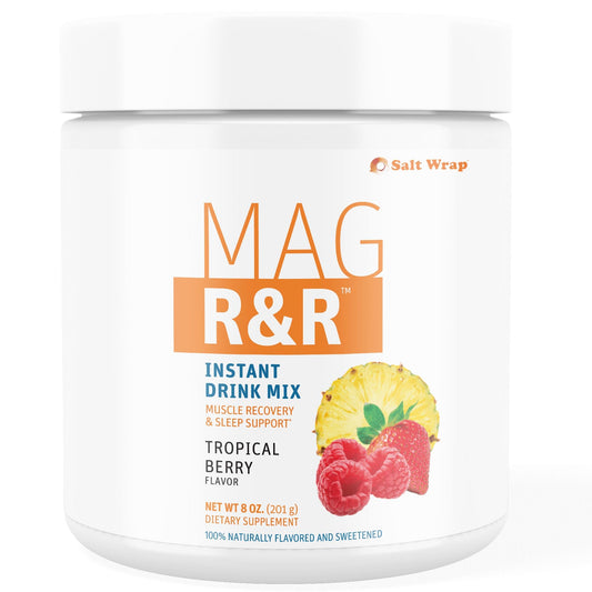 SaltWrap Mag R&R bottle close-up showing the nighttime magnesium blend for cramps relief.
