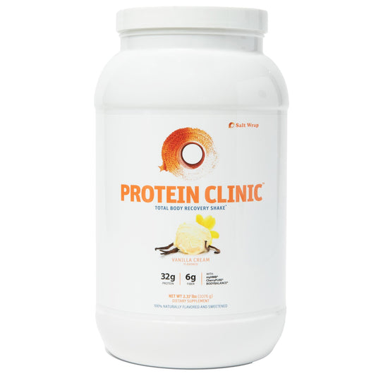 SaltWrap Protein Clinic bottle with vanilla flavor supports post-workout recovery