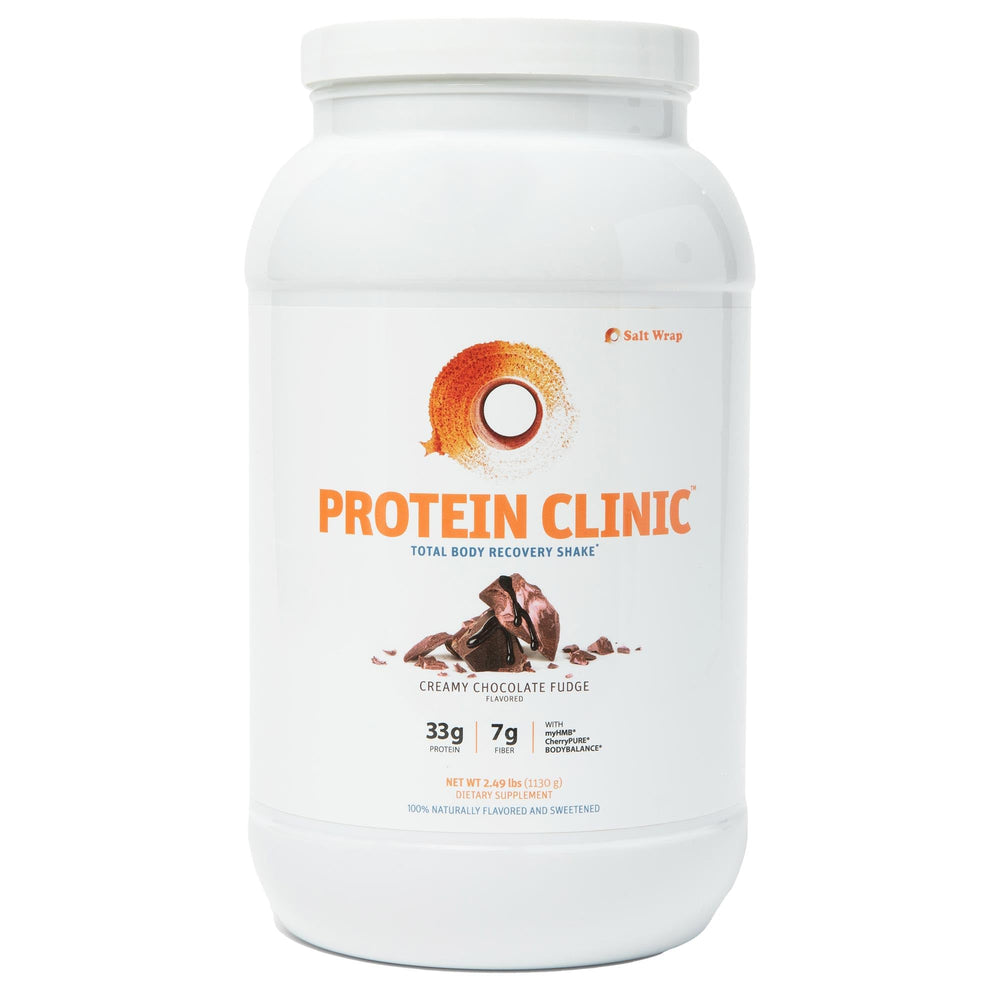SaltWrap Protein Clinic creamy chocolate fudge packaging highlights a recovery shake for post-workout support