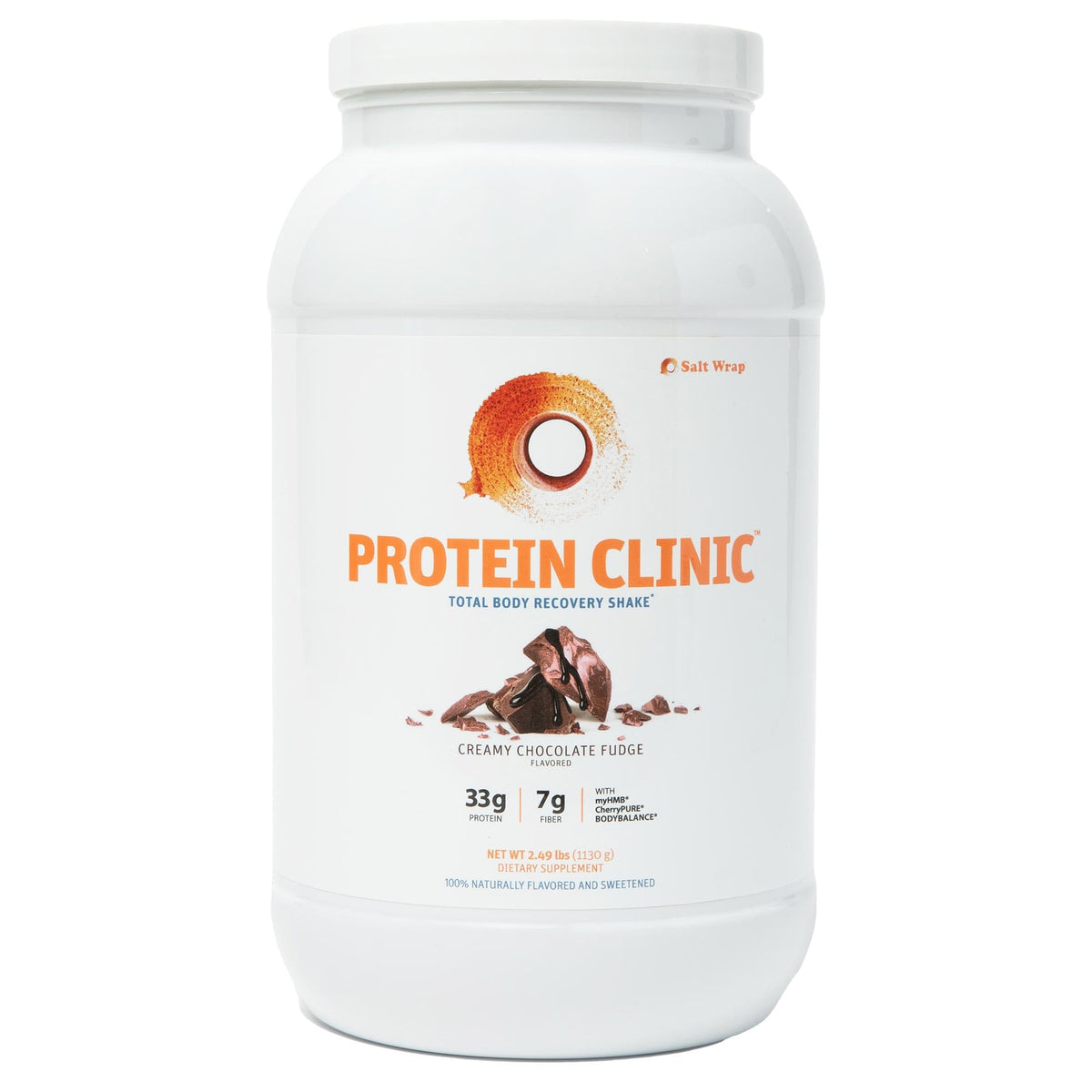 SaltWrap Protein Clinic creamy chocolate fudge packaging highlights a recovery shake for post-workout support