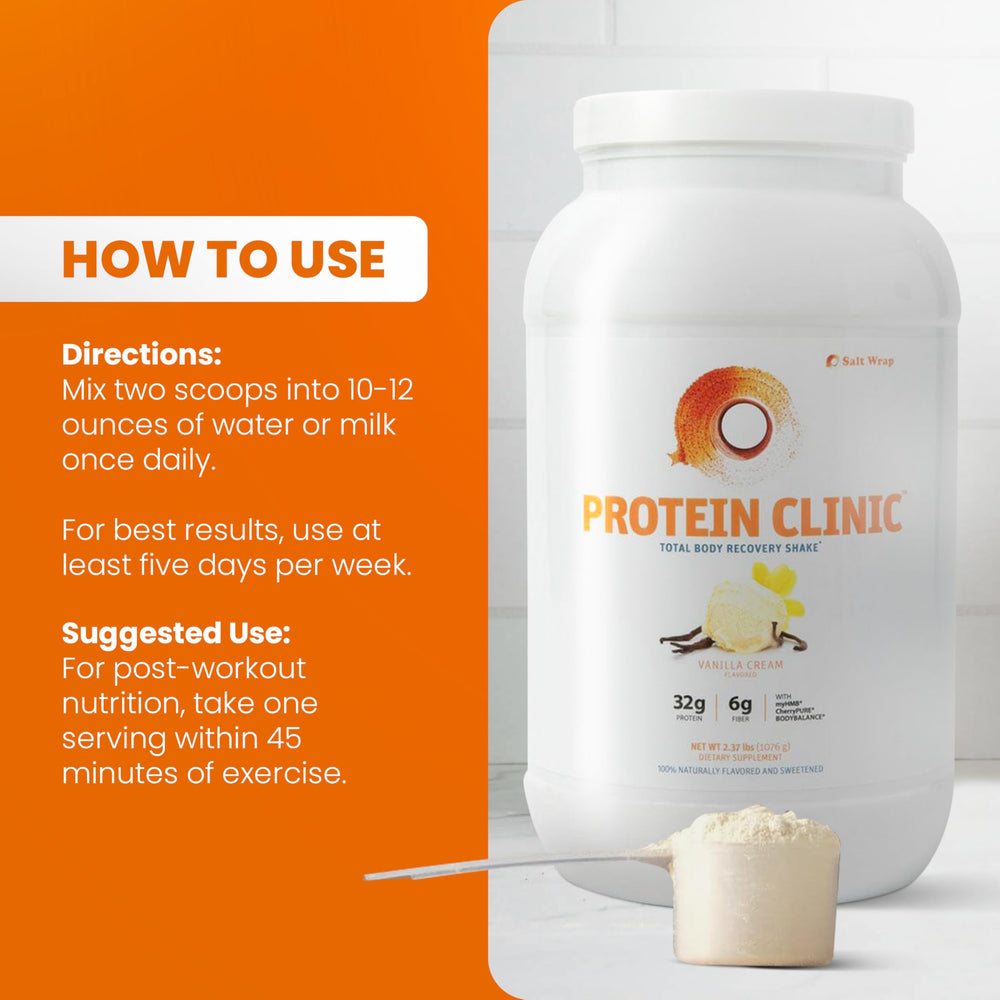 SaltWrap Protein Clinic ingredients panel featuring pea protein and collagen