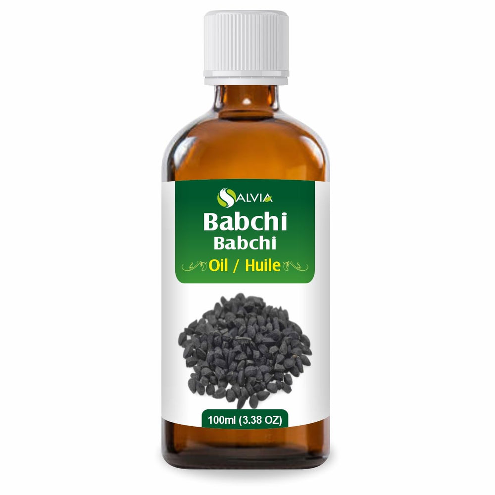 Salvia Babchi Oil bottle closeup showing rich amber color for skin-friendly use.