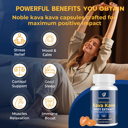 Samarogen Kava Kava Capsules label detail highlights 55% kavalactones and liposome delivery