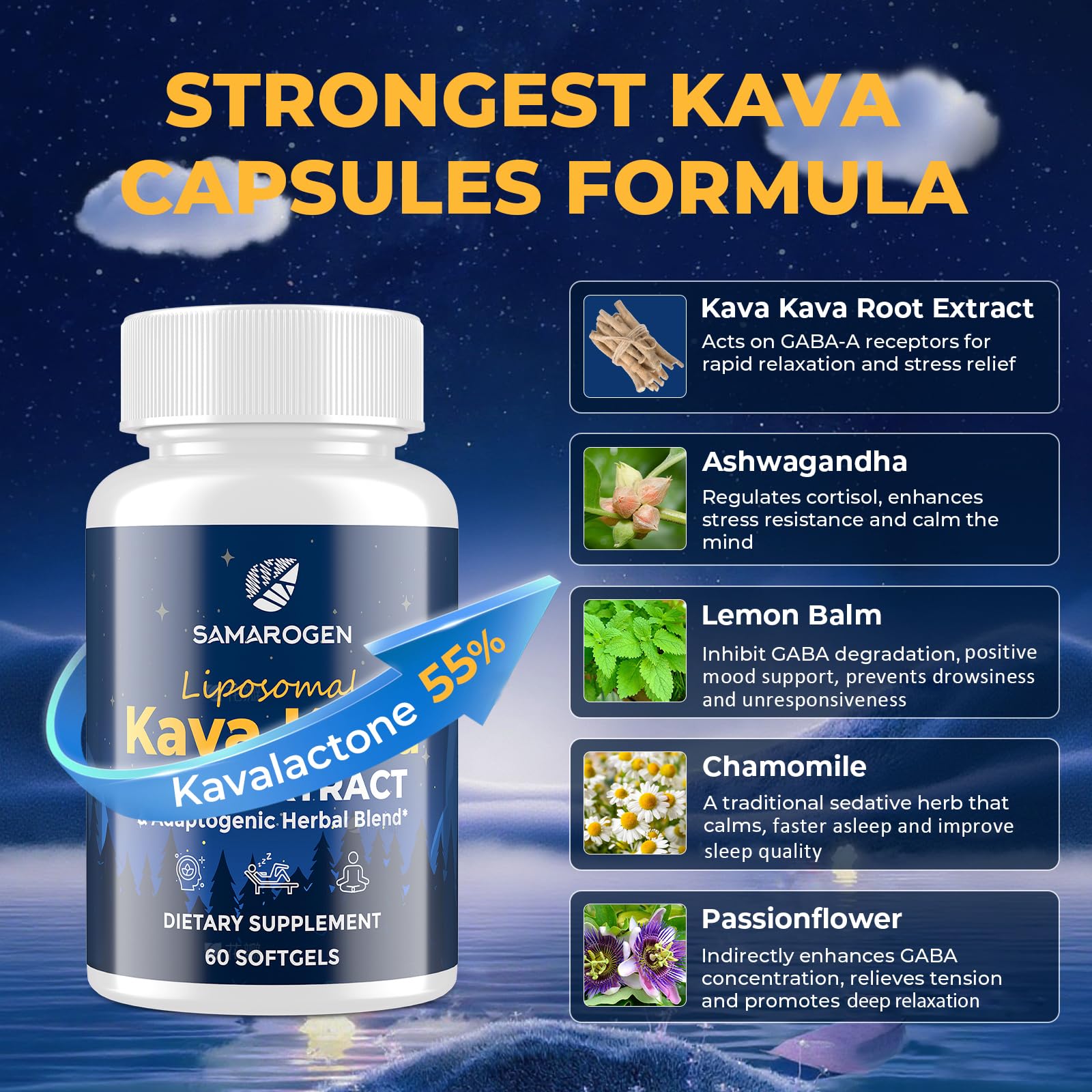Samarogen Kava Kava Capsules packaging box presents premium herbal sleep support