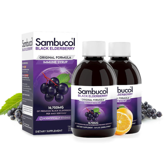 Sambucol Black Elderberry Syrup bottle shows premium elderberry formula for daily immune support.