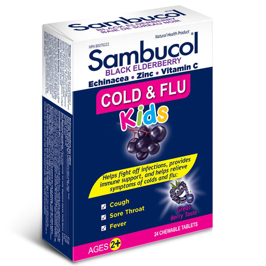 Sambucol Kids Chewables bottle front showing berry flavor for families