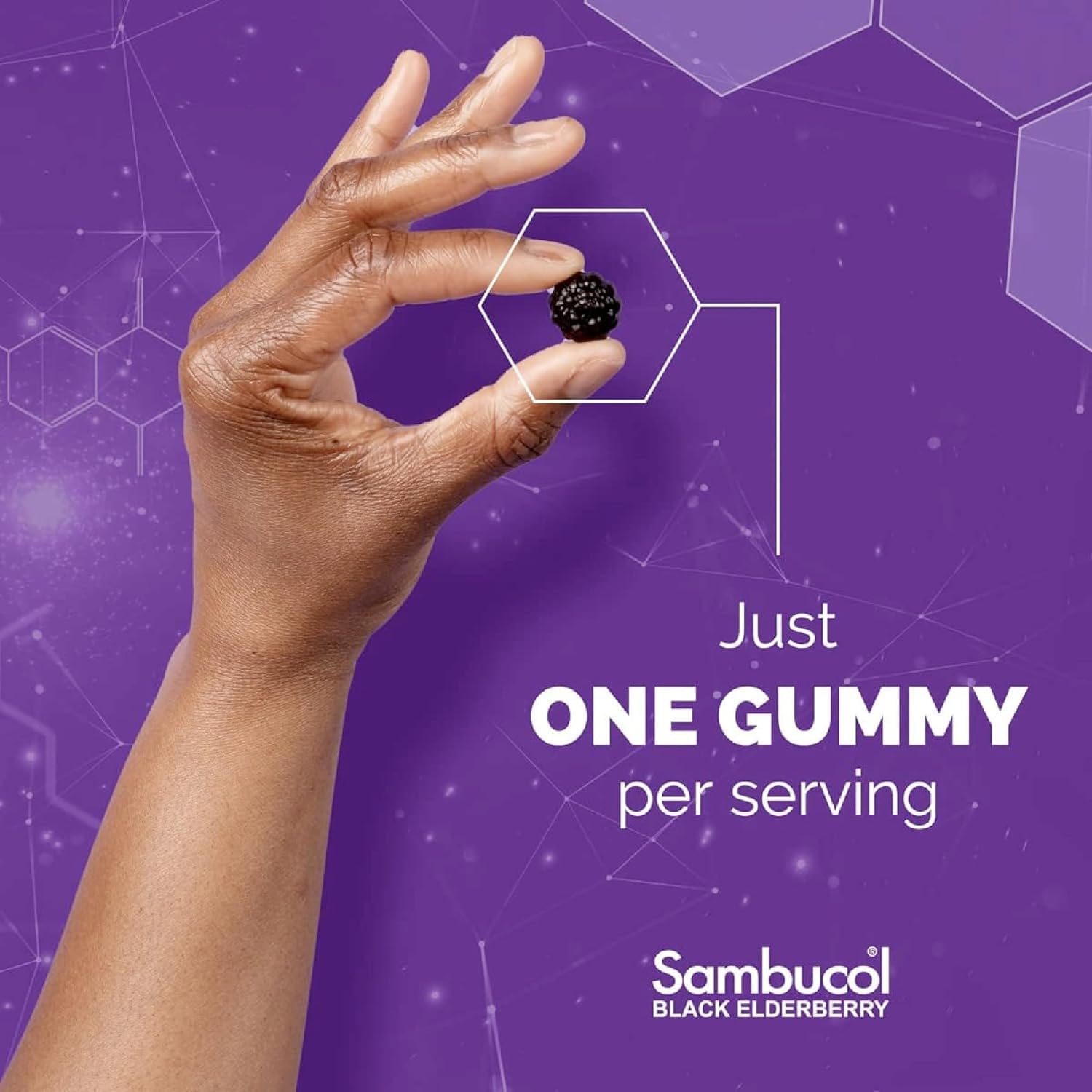 Sambucol Elderberry Gummies ingredients label shows premium elderberry and vitamins