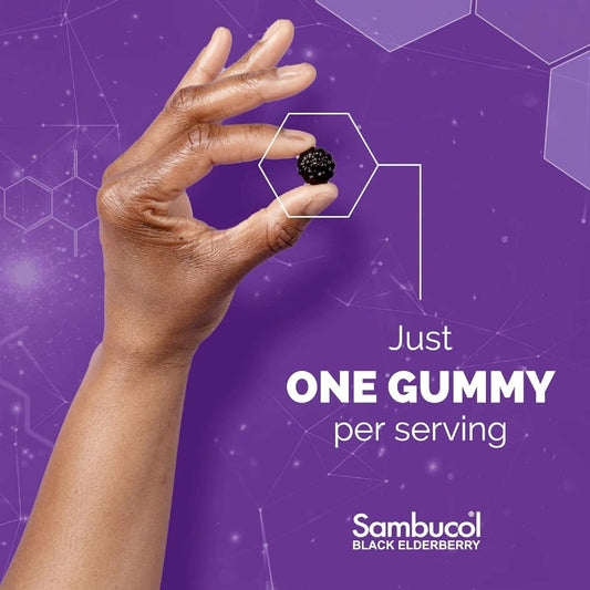 Sambucol Elderberry Gummies ingredients label shows premium elderberry and vitamins