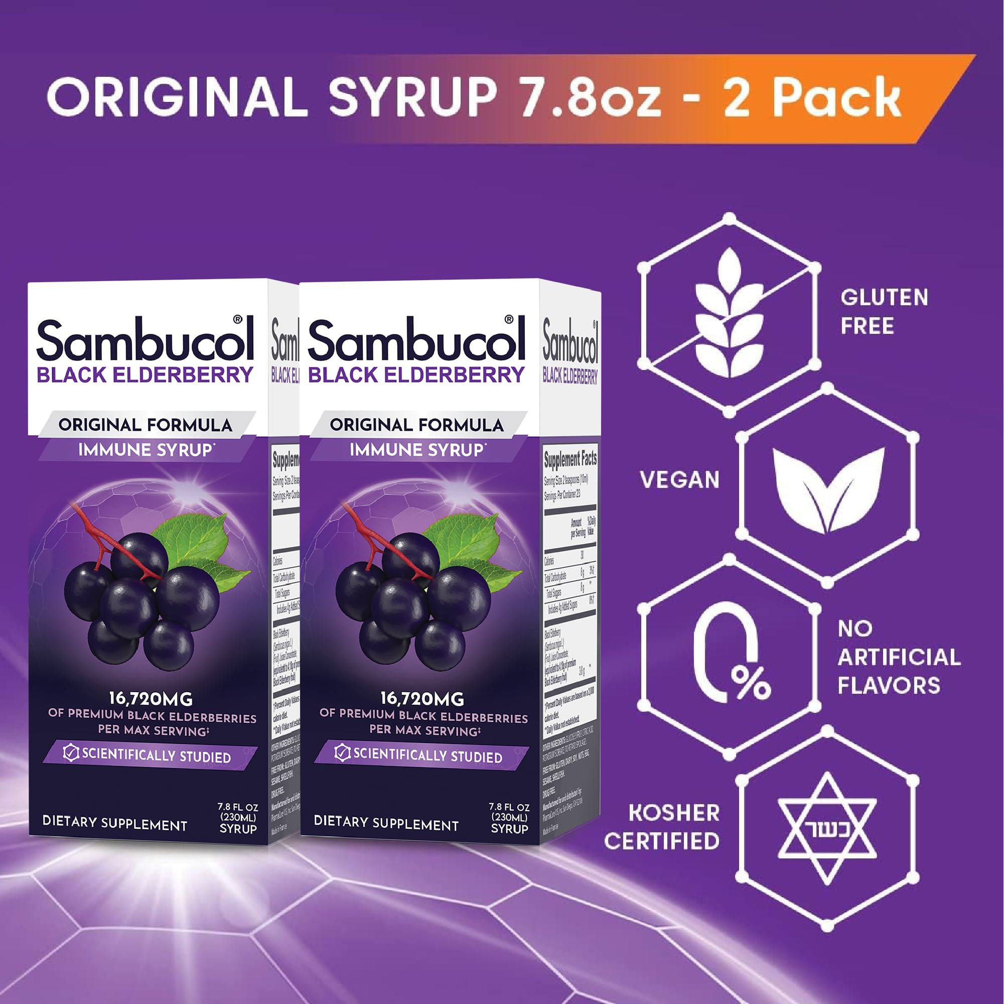 Sambucol elderberry bottle and label highlight gluten-free and vegan original formula.