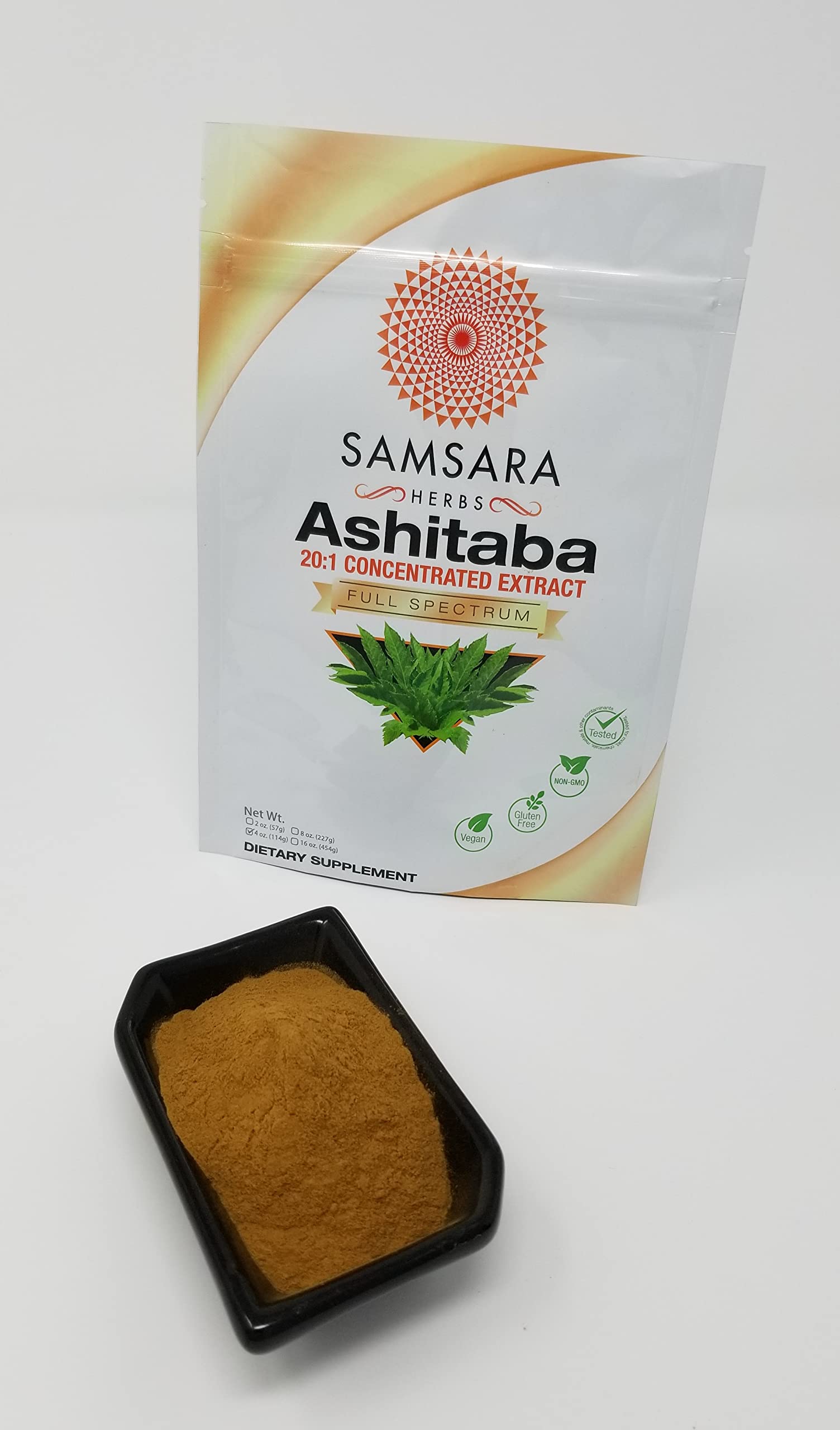 Samsara Herbs Ashitaba extract bottle label highlighting non-GMO formula