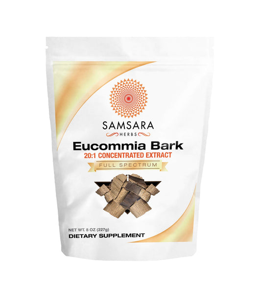 Samsara Herbs Eucommia extract powder tub front highlighting water solubility for easy mixing.