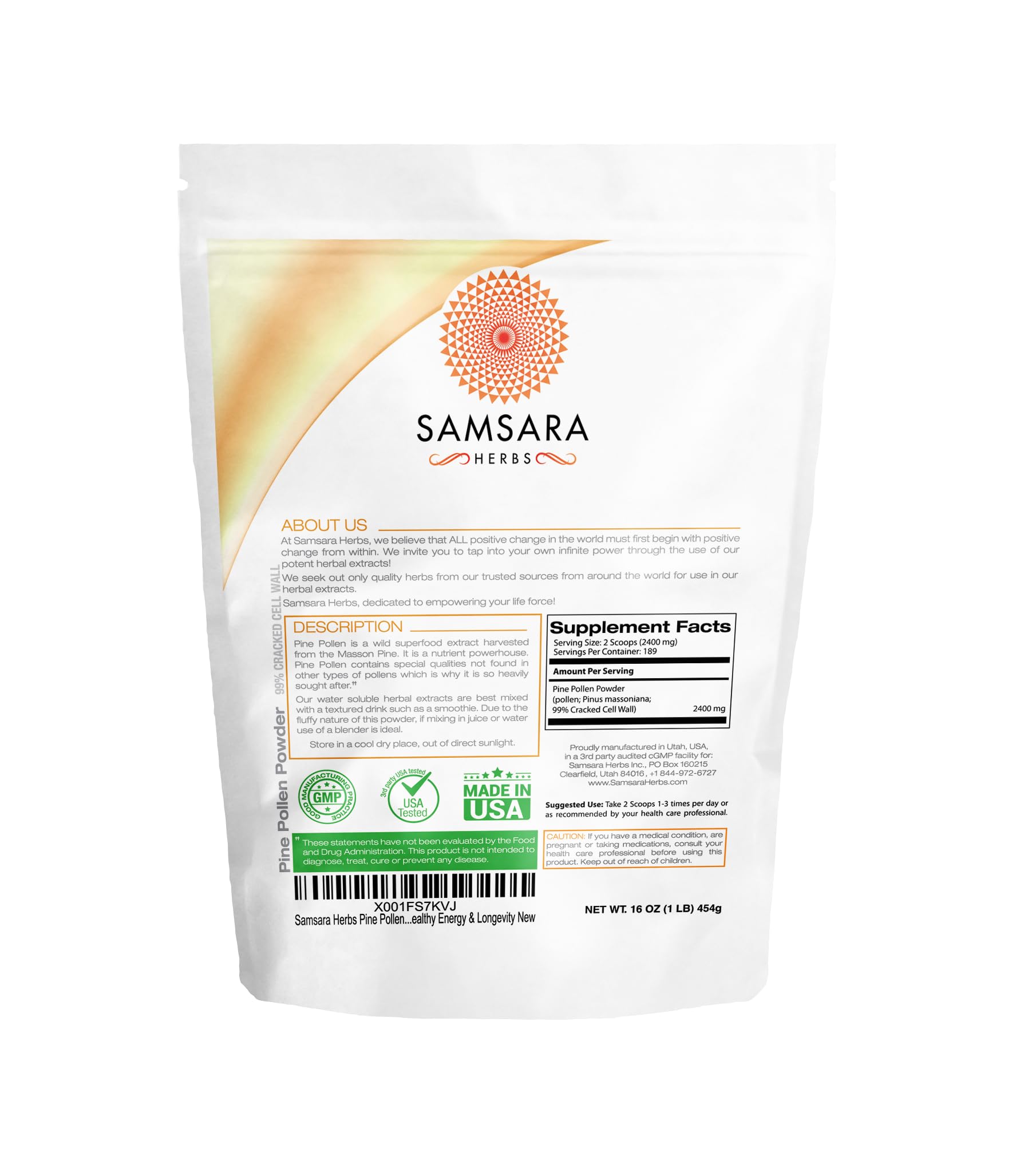 Samsara Herbs pine pollen jar with scoop, convenient serving suggestion.