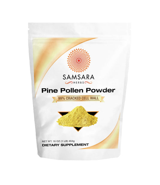 Samsara Herbs pine pollen bottle front, wild-harvested powder for daily energy support.