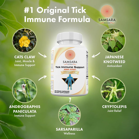 Samsara Herbs Tick Immune capsules close-up showing easy-to-swallow supplement form