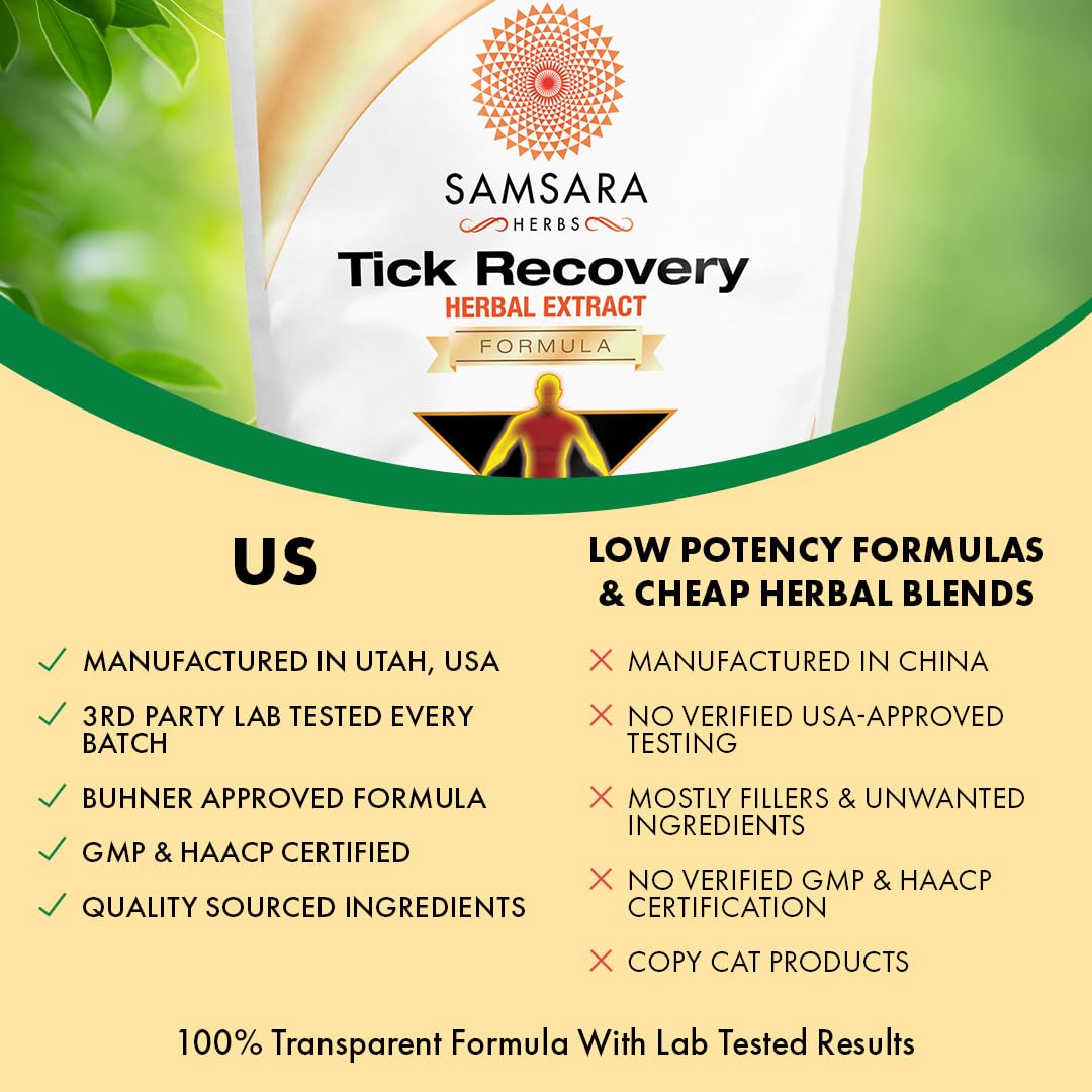 Product label showing ingredients and usage ideas for Samsara Herbs Tick Recovery.