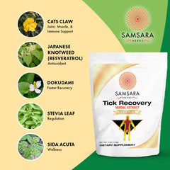 Samsara Herbs Tick Recovery label closeup, showcasing high-grade ingredients and purity.