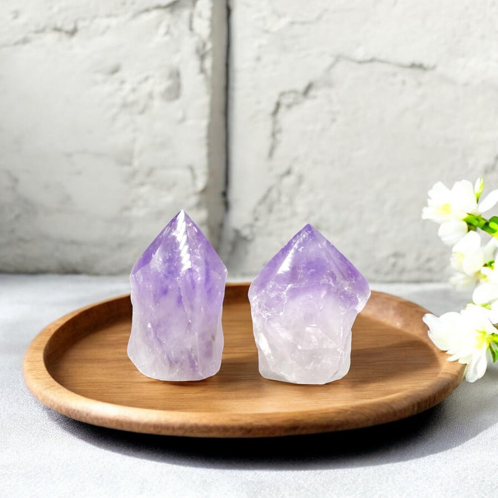 SAMSARI amethyst crystal meditation altar piece, calming ambiance and supportive energy for reflection.