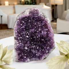SAMSARI amethyst geode in meditation space invites focus and serenity.