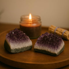 SAMSARI amethyst meditation altar piece promotes calm focus during practice.