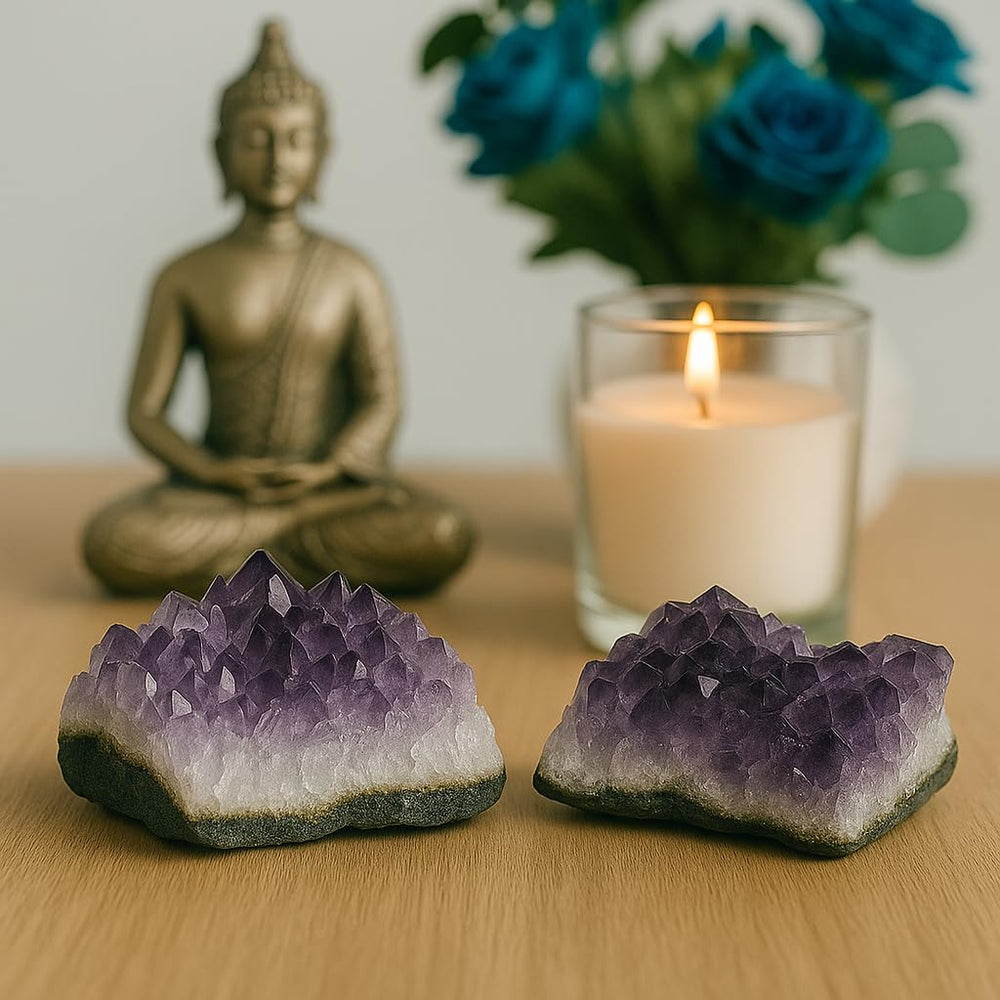 SAMSARI natural amethyst crystal cluster with unique texture enhances sacred altar setups.