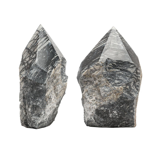 SAMSARI Net Jasper point pair closeup reveals earthy grounding patterns.