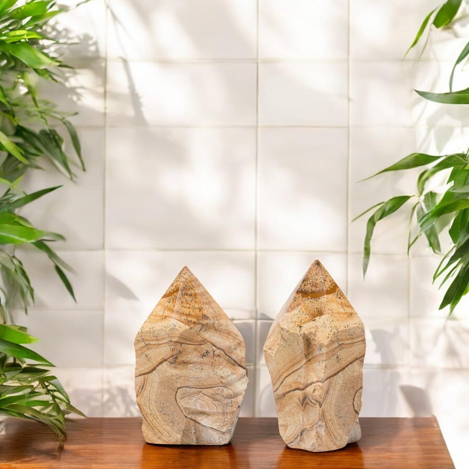 SAMSARI Picture Jasper points enhance a tranquil display on a shelf