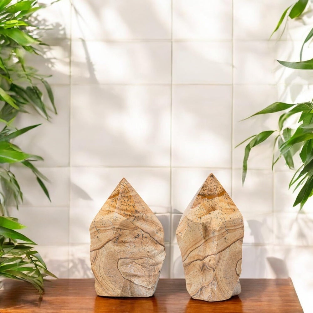 SAMSARI Picture Jasper points enhance a tranquil display on a shelf
