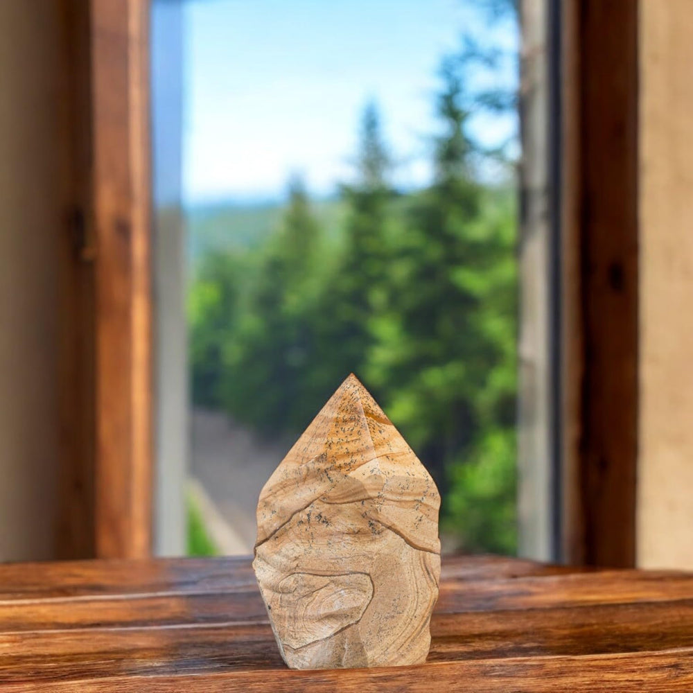 SAMSARI Picture Jasper points complement a ritual space with natural beauty