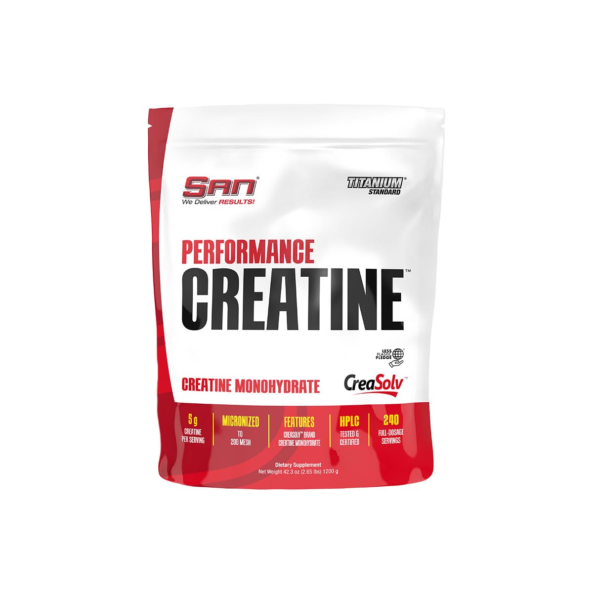 SAN Performance Creatine jar showing micronized powder for fast, easy dosing