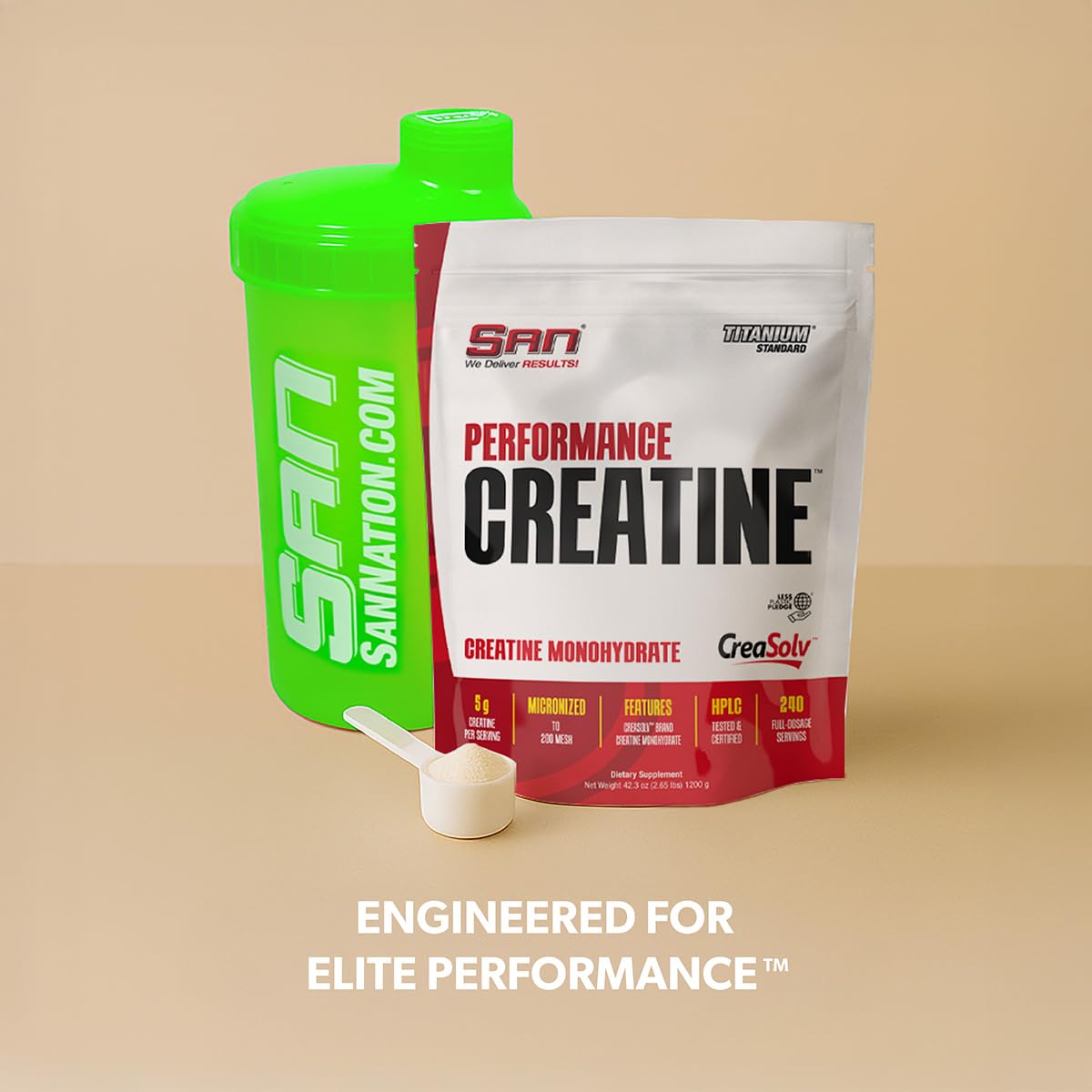 SAN Performance Creatine serving on a gym table ready for use