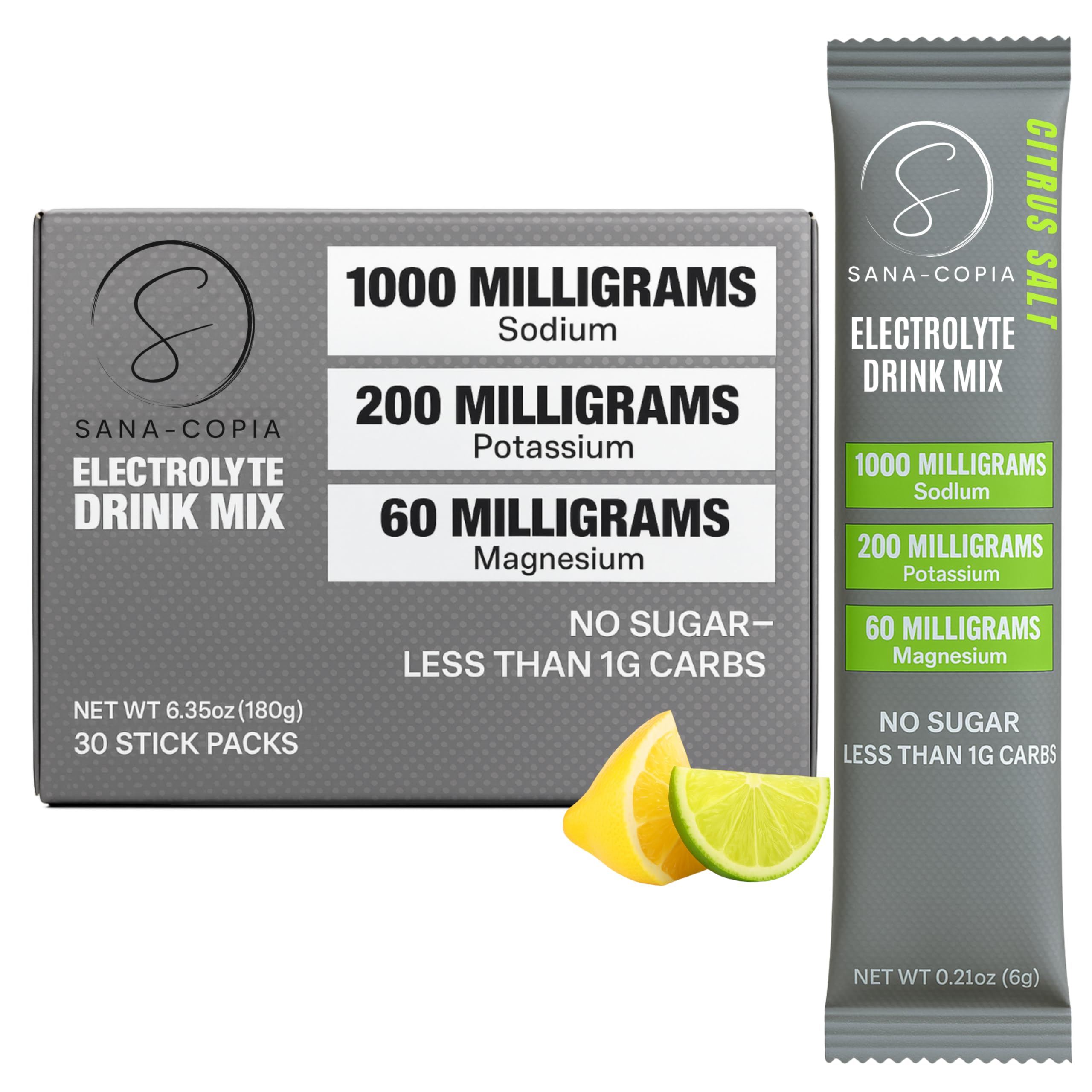 SANA-COPIA lemon-lime electrolyte packet packaging for convenient hydration on the go