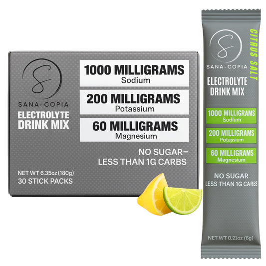 SANA-COPIA lemon-lime electrolyte packet packaging for convenient hydration on the go