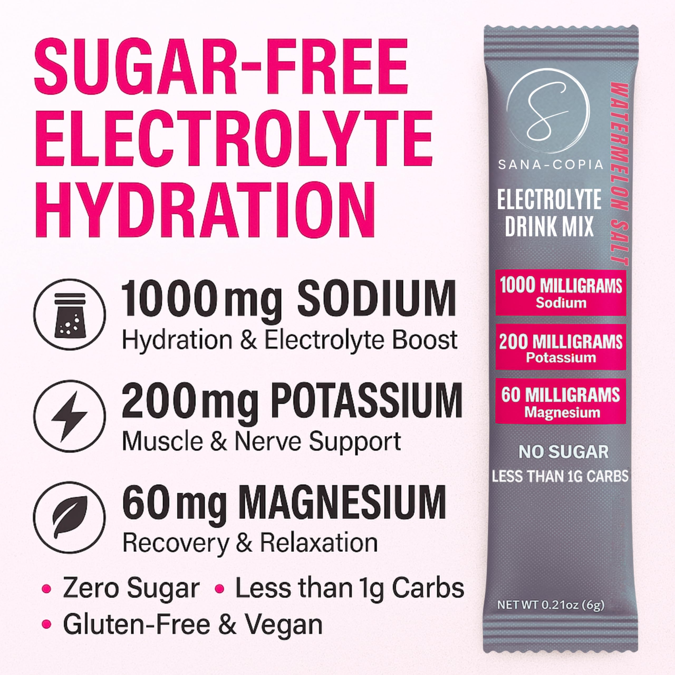 SANA-COPIA Watermelon Salt sachet closeup showcasing sugar-free electrolyte boost.